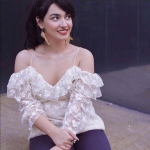 NWT Zara Embroidered Lace Open Shoulder Top Cream Romantic Blouse Size M